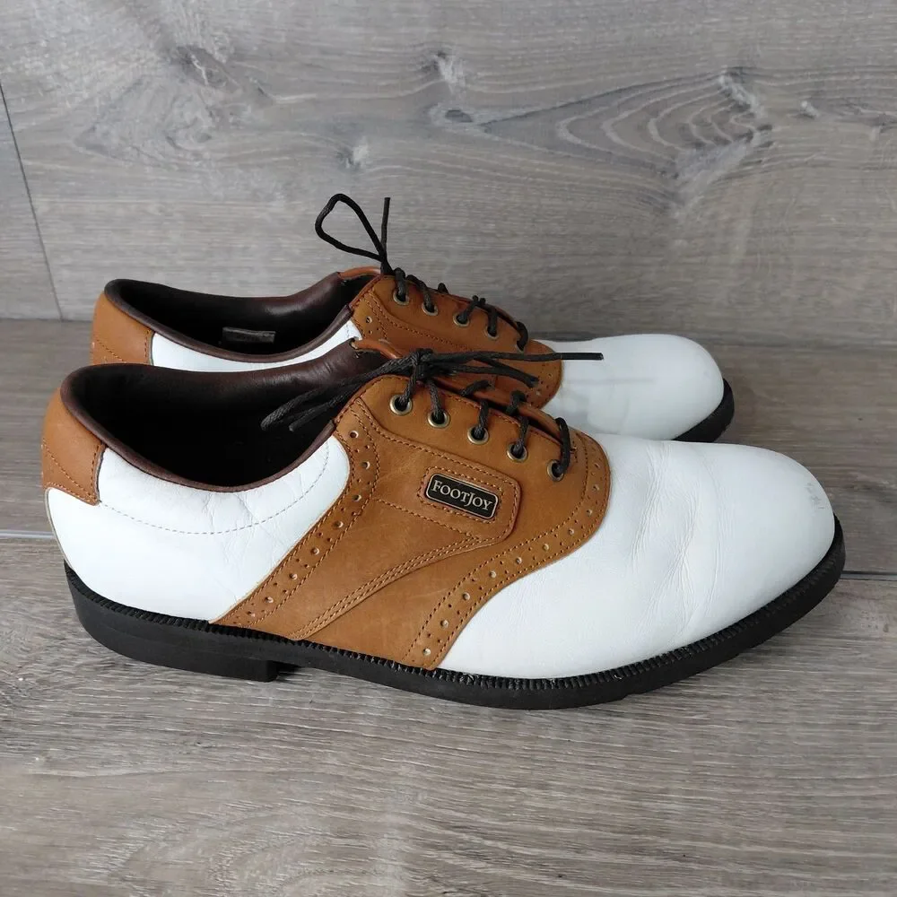 Footjoy Dryjoy Golf Shoes Men 9 White Brown Leather Saddle Waterproof Soft Spike